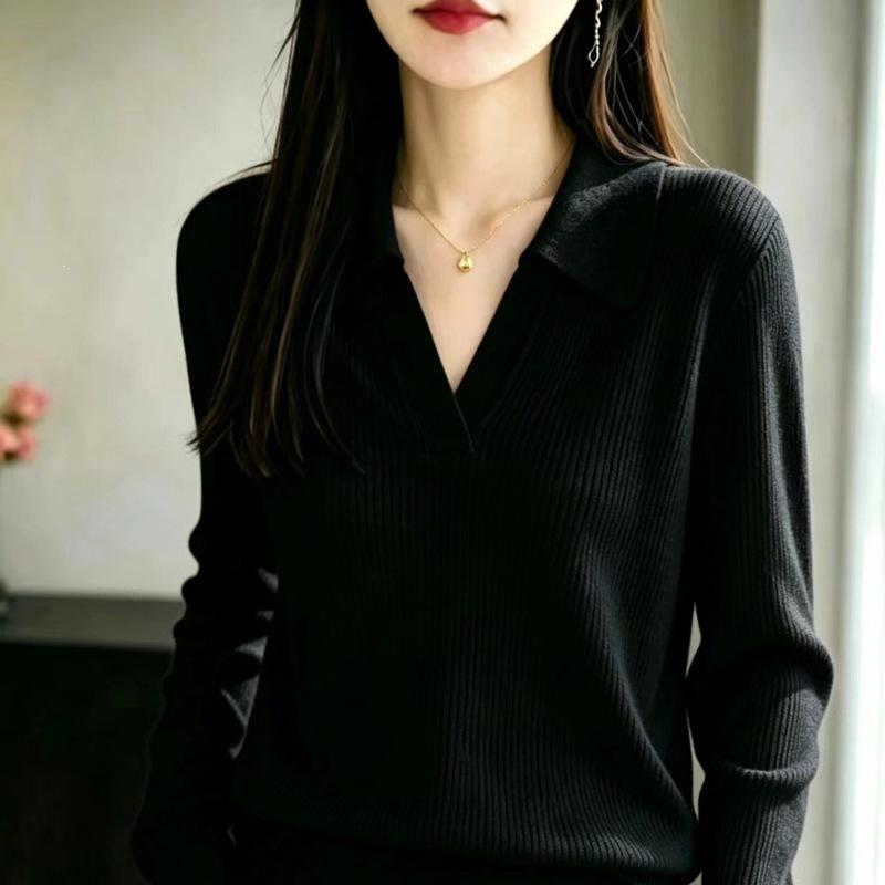 Women S Knit Polo Neck Long Sleeve Sweater Casual Versatile Base Layer