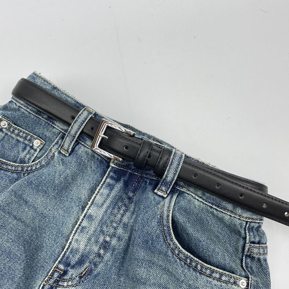 Retro Korean Style Women's Black Leather Belt with Silver Pin Buckle