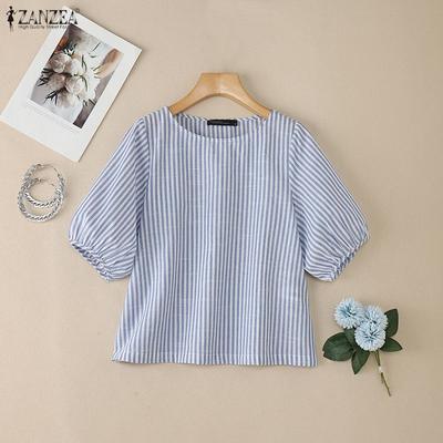 Damen Lässige Rundhals Kurzarm Gestreifte Bluse