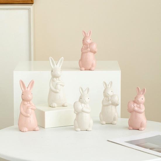 Easter Holding Egg Rabbit Figurine Ceramics Bow Tie Bunny Statue Sculpture Spring Easter Holiday Party
