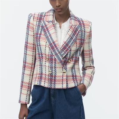 2023 Frühling Zaura Damen karierte Woll-Zweireiher-Slim-Fit-Anzugjacke