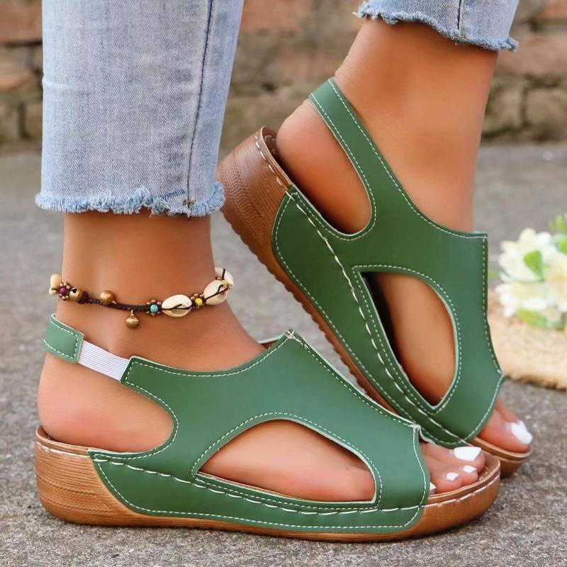 Mid Heel Strappy Back Sandals - Soft PU Sole, Comfortable Open Toe, Ankle Buckle, Side Cut Out, Solid Color Pull-On Shoes for Women