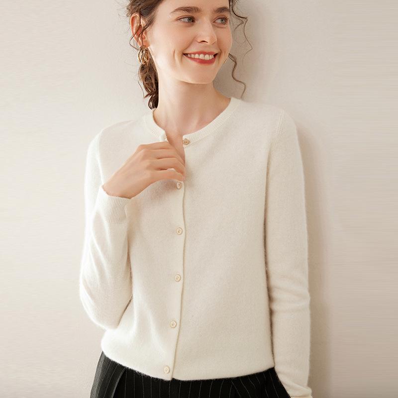 Women's Slim Fit Cashmere Cardigan - Round Neck, Lightweight, Loose Knit Sweater in Solid Color.