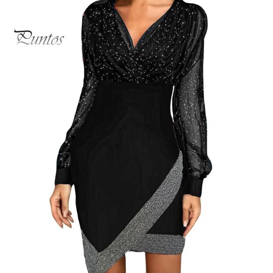 

Женское платье весна-осень с V-образным вырезом, рукавами-фонариками, неровным подолом, прозрачная сетка, пайетки, пэчворк, облегающее, длиной выше колена, мини-платье для выпускного вечера S чёрный