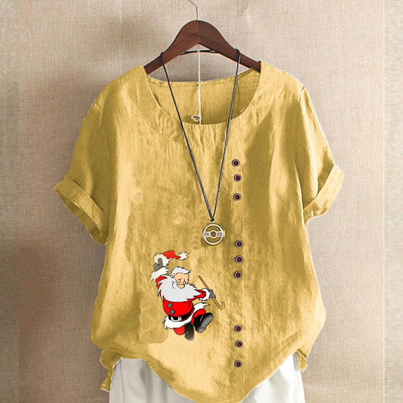 Women's Fashion Santa Claus Prined Round Neck Short Sleeve T-shirt Casual Cotton Linen Graphic Shirt Leisure Loose Summer Blouse Tops