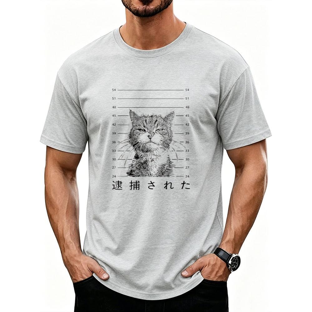 Mugshot Wanted Prison Cat Japanese Kanji Arrested Text Vintage Sketch Cotton Tshirt Funny Pet Meme Streetwear Unisex Casual Tee