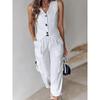 Completo Gilet a Righe per Donna Estate Casual Scollo a V Top con Bottoni Tasca Pantaloni Larghi Completi Due Pezzi per Donna Elegante