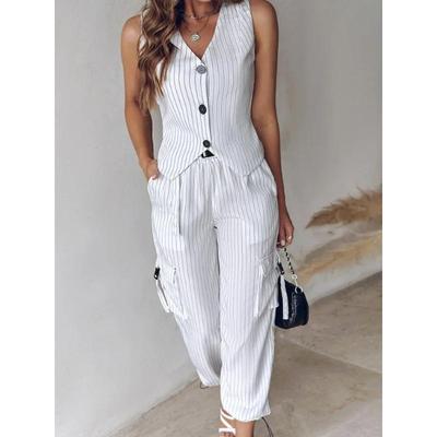 Traje de Chaleco Rayado para Mujer Verano Casual Top de Botones con Cuello en V Bolsillo Pantalones Sueltos Conjuntos Traje de Dos Piezas para Mujer Elegante