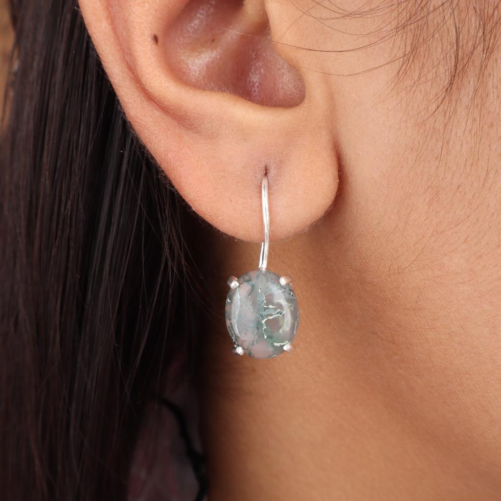 Natural Moss Agate Gemstone 925 Sterling Silver Jewelry Handmade Earrings 1.05" EE-173-33