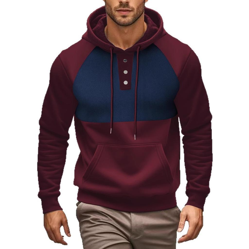 New Casual Men's Hooded Sweatshirt Contrasting Color Splicing Plus Velvet Pullover Handsome Top