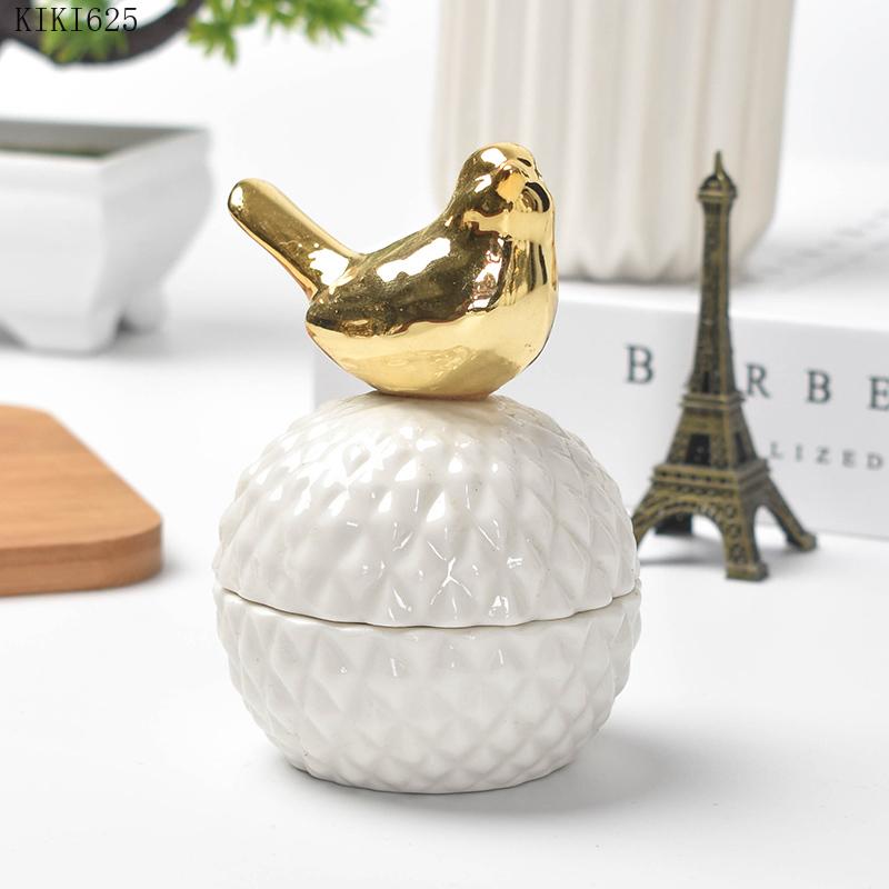 European Ceramic White Storage Jar Golden Animal Jewelry Box Household Round Candy Small Object Storage Jar Exquisite Decoration