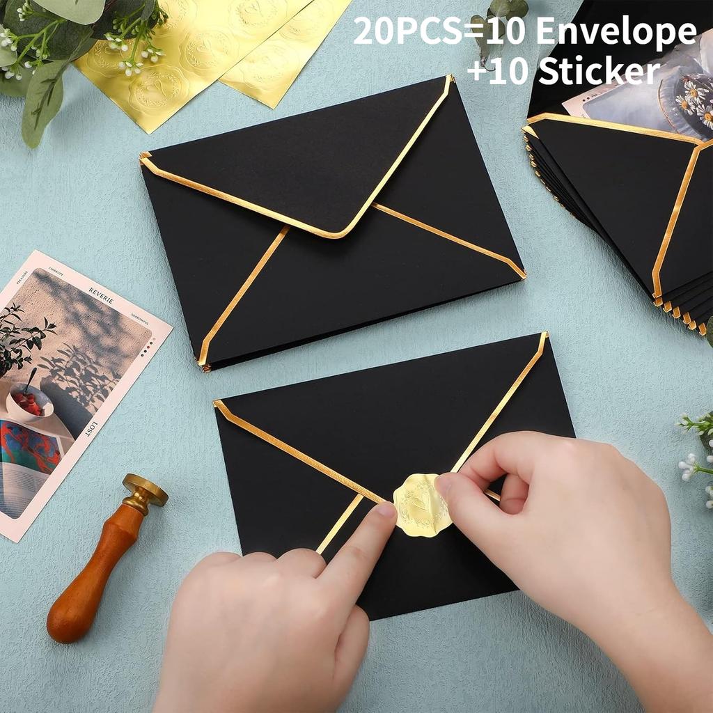 10Pcs A7 Black Envelopes with 10Pcs Golden Stickers for Wedding Birthday Party Invitation Paper Envelopes