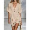 Abito estivo da donna in cotone e lino, scollo a V, manica corta, bottoni, vestibilità larga, casual, alla moda, mini abito per uso quotidiano, vacanze, abbigliamento da spiaggia