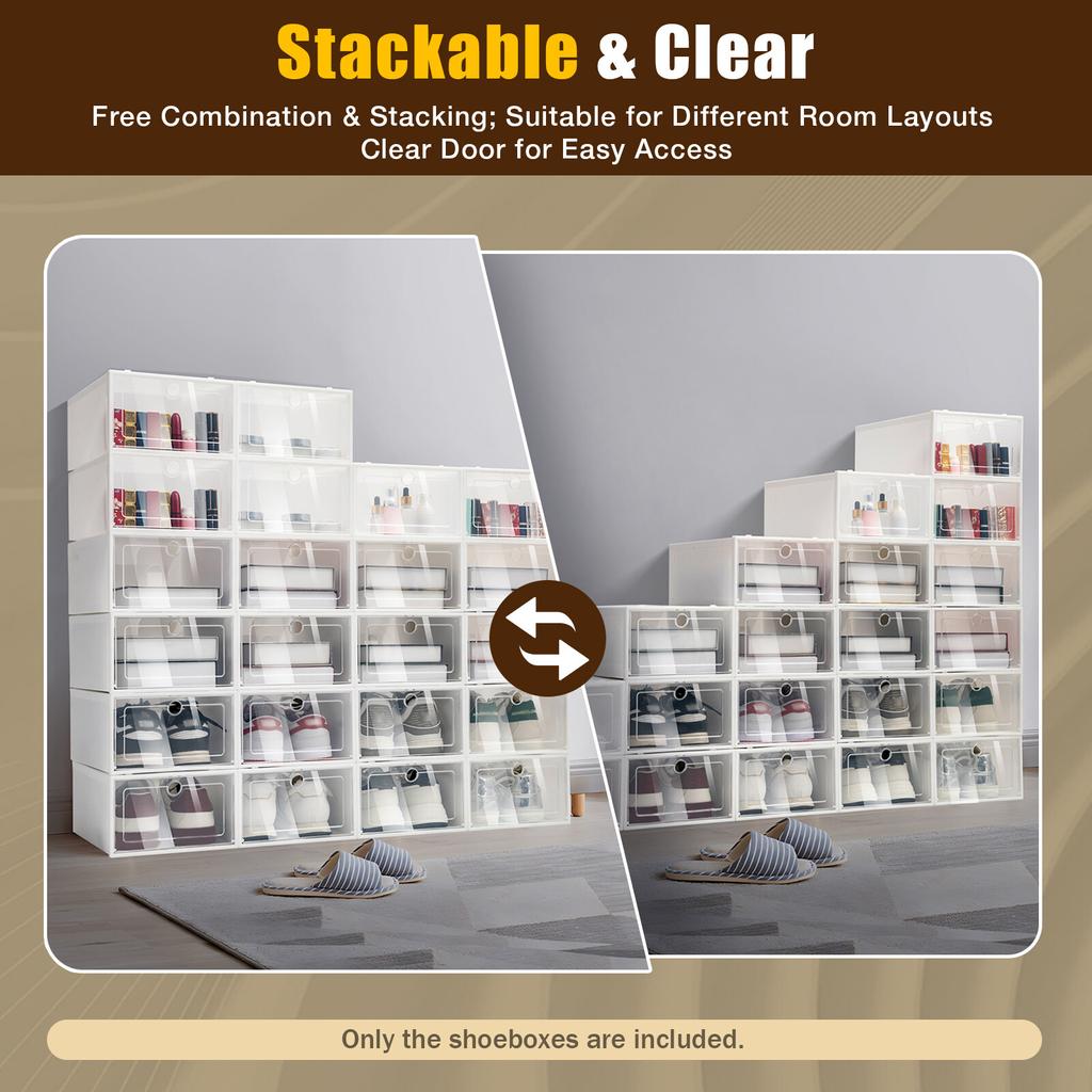 24Pcs Clear Shoe Box PP-ABS Storage Case Multi-use Foldable Sneaker Organizer Stackable Ventilated for Home Bedroom