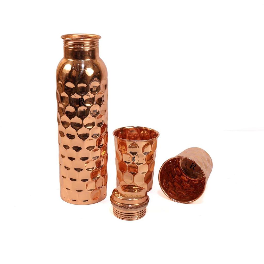 Diamond Pure Copper Bottle - 1L with 2 Glass Set | Ayurvedic Health Benefits Hammered Design | Leak-Proof And Jointless Water Bottle Hand Made