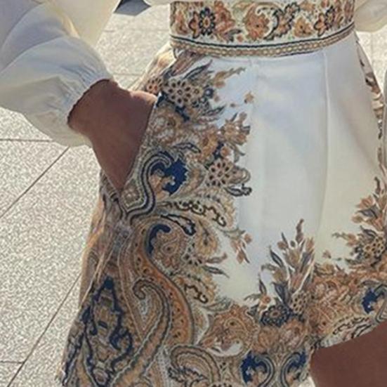 1 Set Women Shirt Shorts Set Vintage Pattern Print Turtleneck Two-piece Single Breasted Long Sleeve Top Pocket Shorts Office