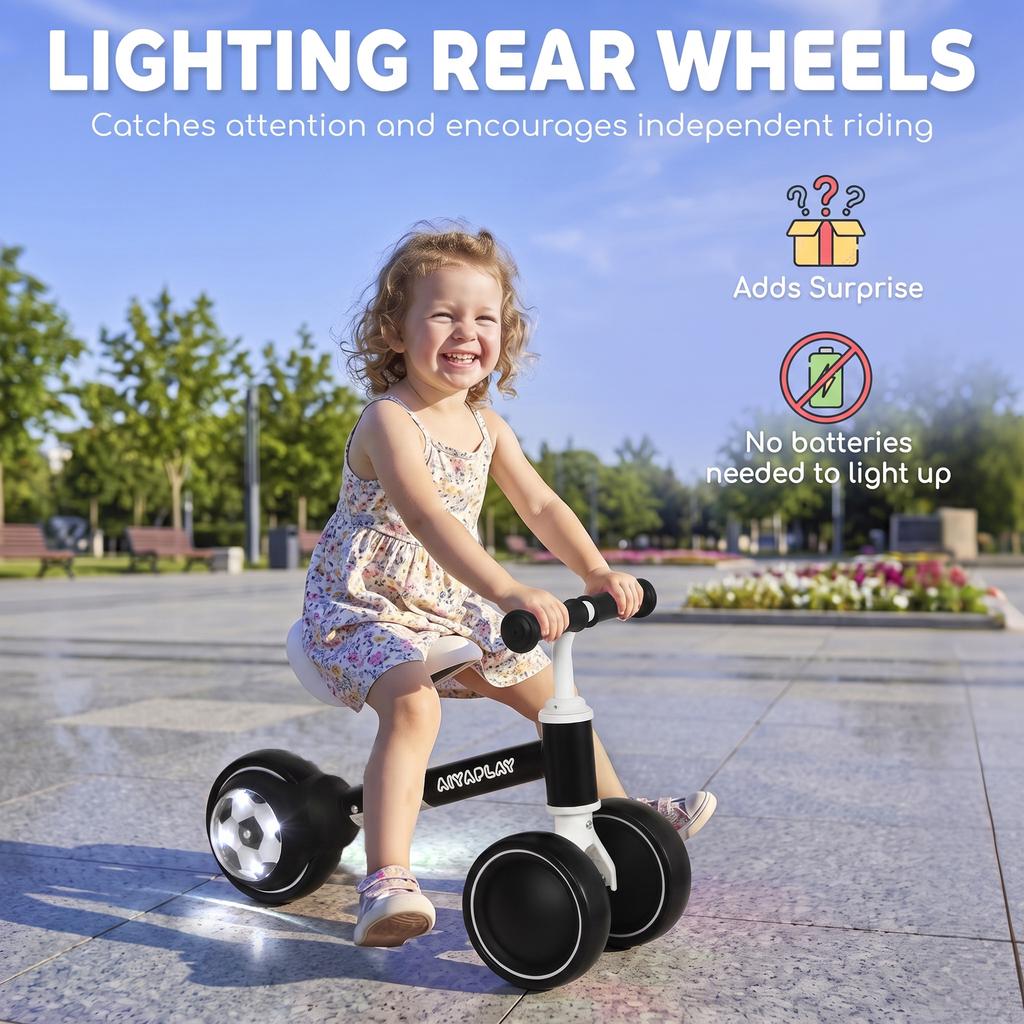 Balance Bike for Kids 1-2 Years, Toddler Bike with Adjustable Seat and Lighting Rear Wheels for Boys and Girls, Black