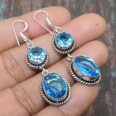 Handgefertigter Schweizer Blautopas-Edelstein-Ohrring aus 925er-Sterlingsilber für Sie