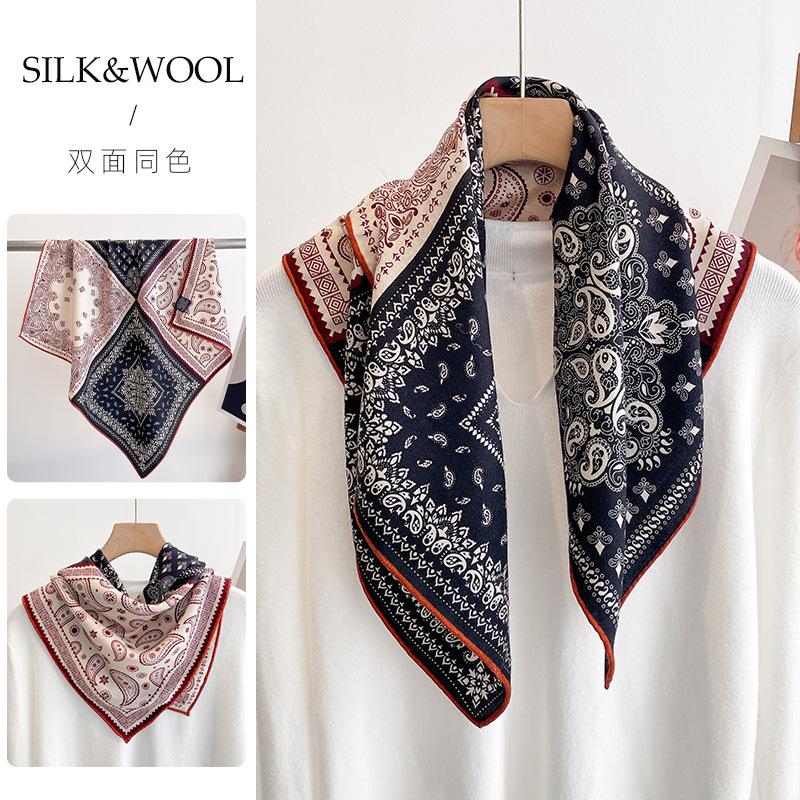 65 Medium Square Scarf Double-sided Crimped Silk Wool Square Scarf Women's Versatile Cashew Nut Printed Silk Wool Silk Scarf Fashion Silk Scarf