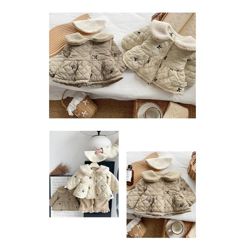 Winter Baby Girls Fleece Warm Coat Infant Padded Jacket Velvet Thick Toddler Bow Embroidery Cardigan