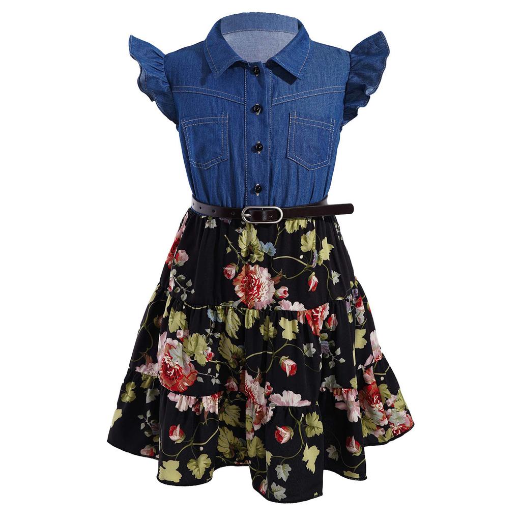 Kids Floral Print Dress Lapel Collar Flutter Sleeve Button Closure Denim Top Elastic Waist A Line Summer Dress