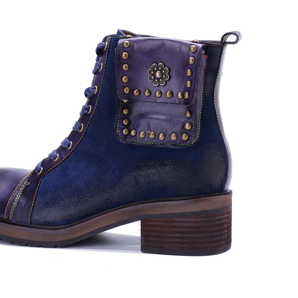 Johnature Botas Curtas de Salto Grosso Estilo Britânico com Rebites e Costura em Couro Genuíno Retrô Feitas à Mão para Mulher