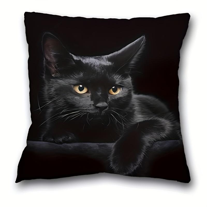 Pandara Jewelry Unisex Black 1Pc Cat Staring Cute Themed Printed Throw Pillow Cover, Suitable For Sofa, Bedroom, Living Room, Cool Gift For Cat Lovers.