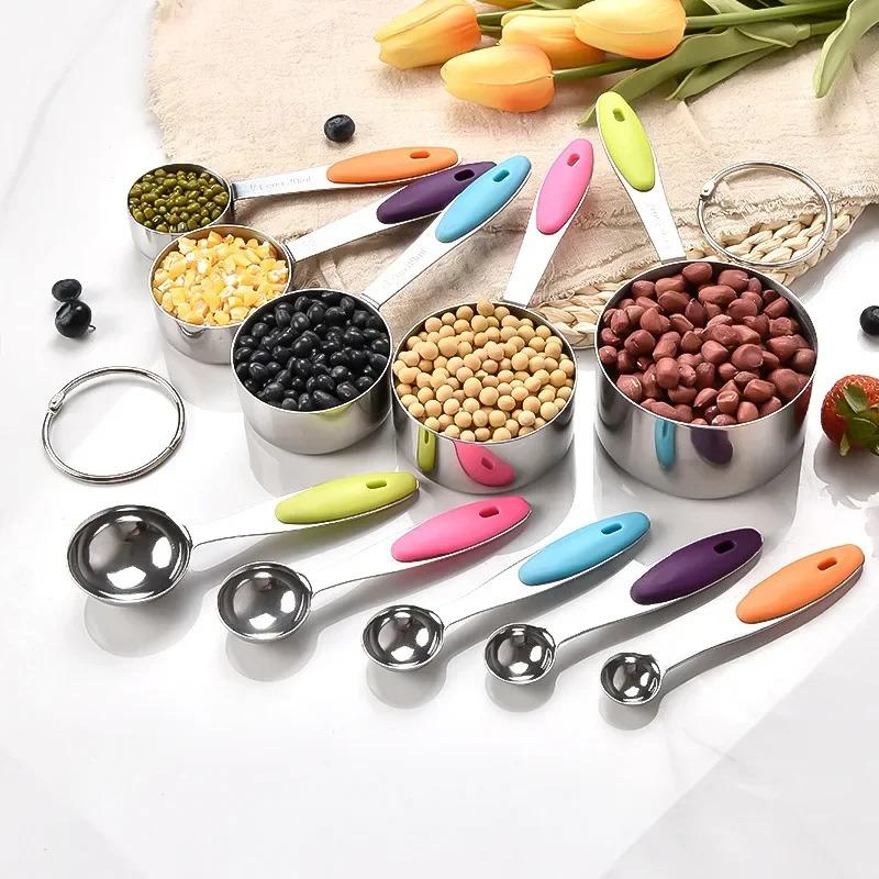 10Pcs Stainless Steel Measuring Cups and Spoons Set Stackable Tablespoons Measuring Spoons Tea Coffee Kitchen Measuring Tools