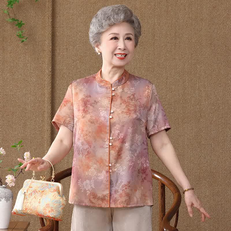 New Chinese Style Floral Print Summer Shirt for Middle-aged Women