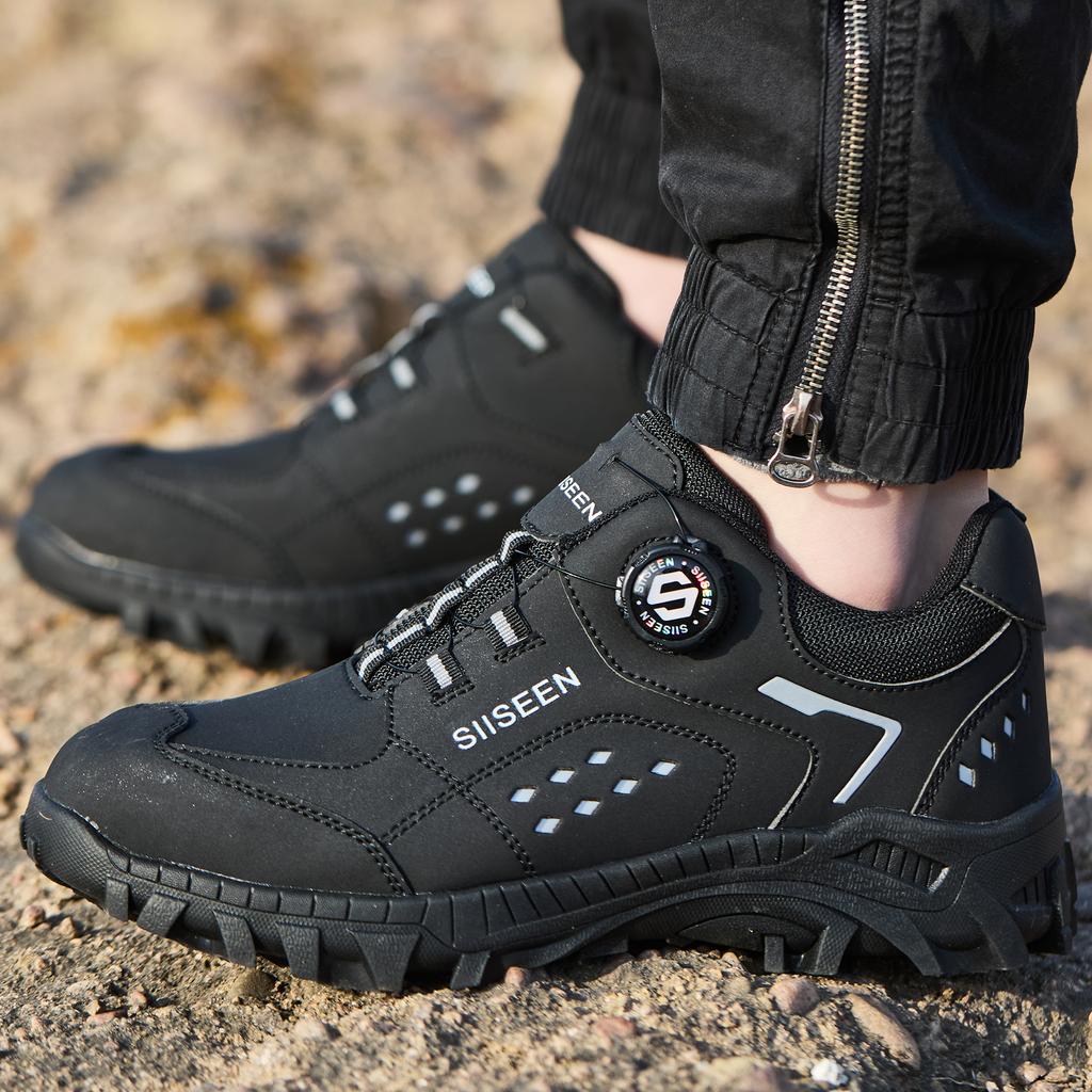 Scarpe da Lavoro di Sicurezza da Uomo con Punta in Acciaio Bottone Rotante Pelle Nera Antiscivolo Scarpe da Lavoro da Uomo Sneakers Leggere Sneakers da Lavoro Protettive