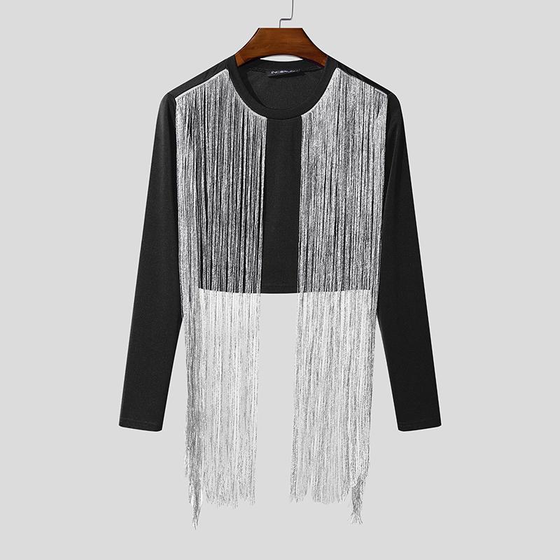 

INCERUN Мужские топы с круглым вырезом, длинным рукавом, блестящей бахромой спереди, короткие S чёрный