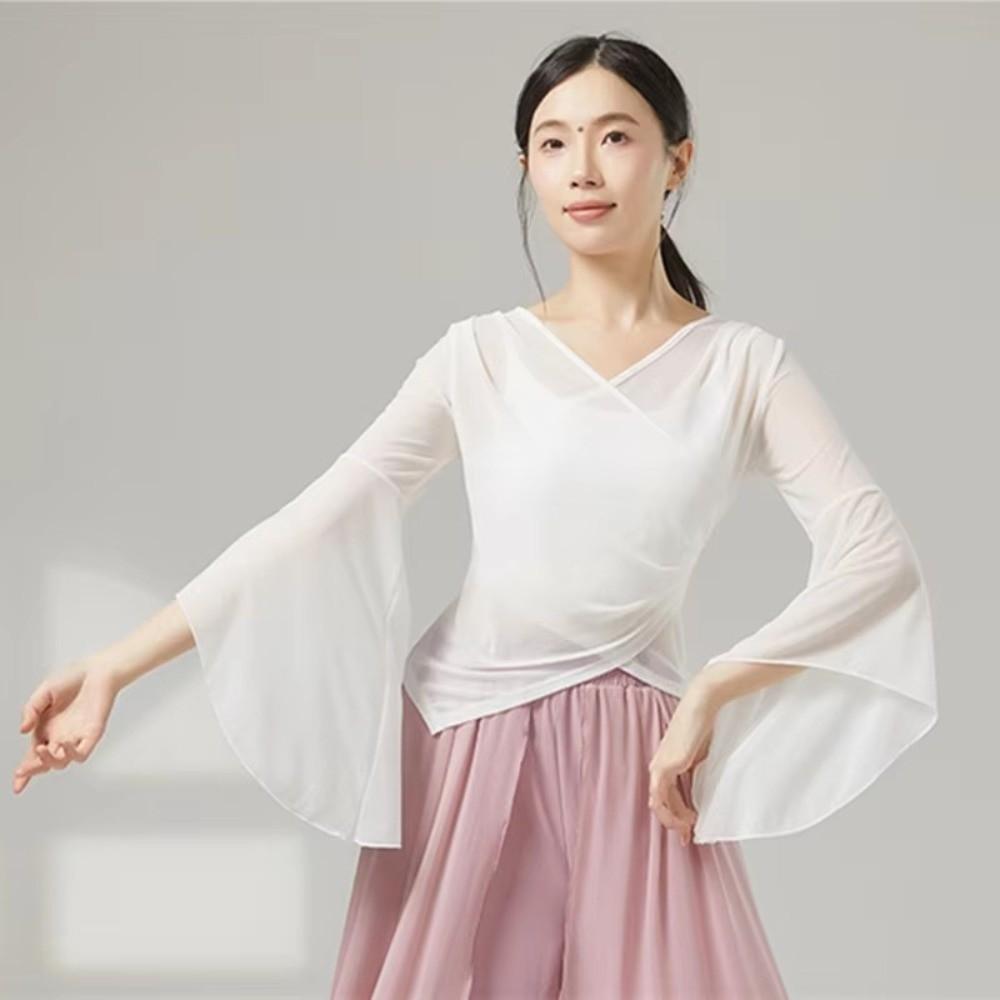 Elegant Chinese Folk Dancewear Sheer Mesh Mesh Top Breathable Classical Dance Top Women Dancewear