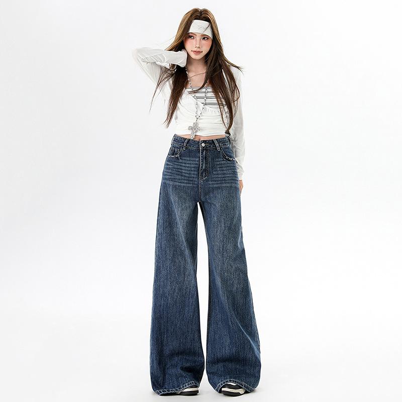 Autumn and winter high-waisted blue flared jeans women's loose straight-leg wide-leg pants without sticking to the legs