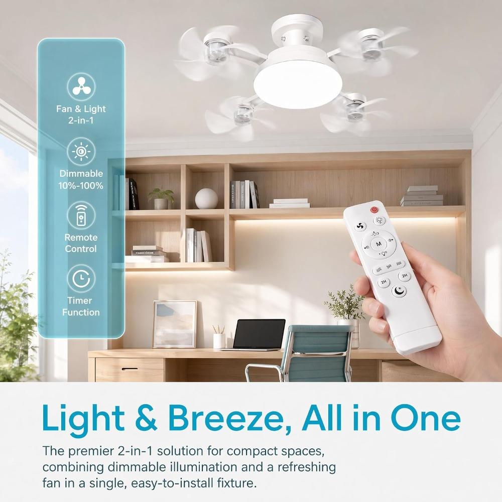 2-in-1 lamp fan light, spiral ceiling fan with controller (3 heads) | LED ceiling fan with foldable blades, 3 color temperatures, quiet breeze, 1 unit