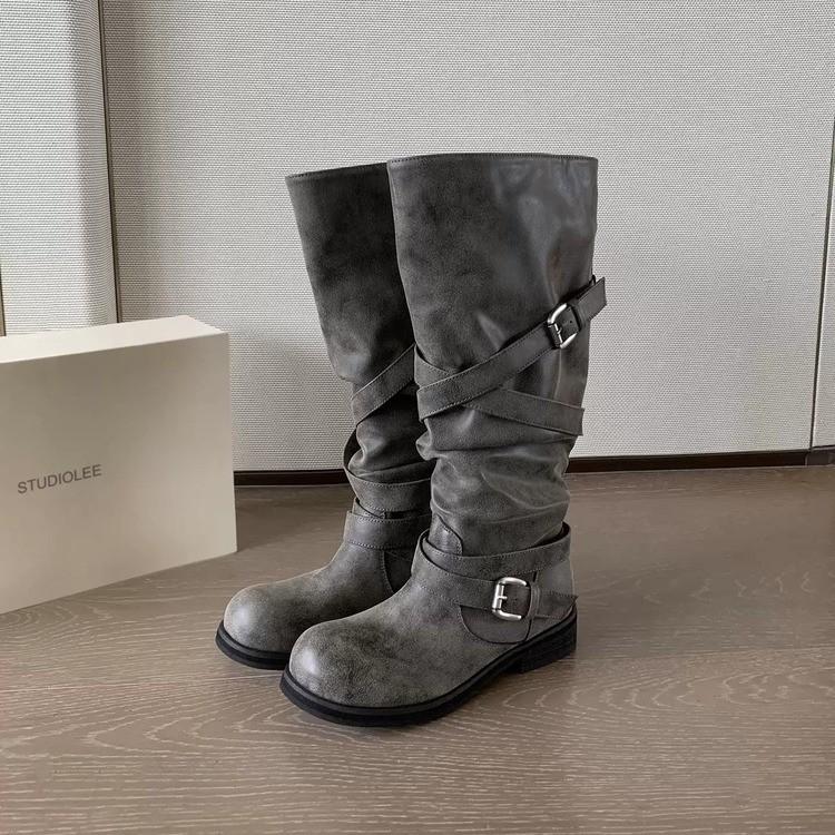 The Same Studiolee 3.5Cm Thick Heel Big Tube Circumference Old Belt Buckle Round Head Pile Knight Boots Women