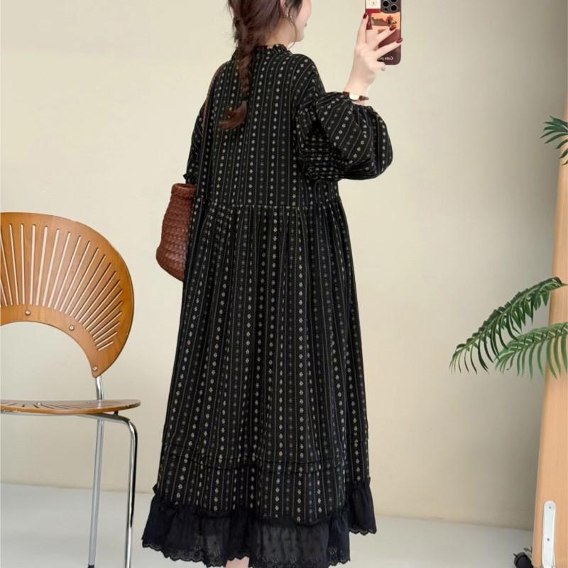 Johnature Jacquard Ruffle Printed Casual Dress Spring Loose Long Pullover Long-Sleeve A-Line Women Dresses