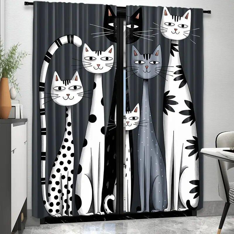 2 Pieces Of Whimsycat Modern Cat Print Printed Curtains, Pole Bag Curtains, Home Decoration, Room Decoration