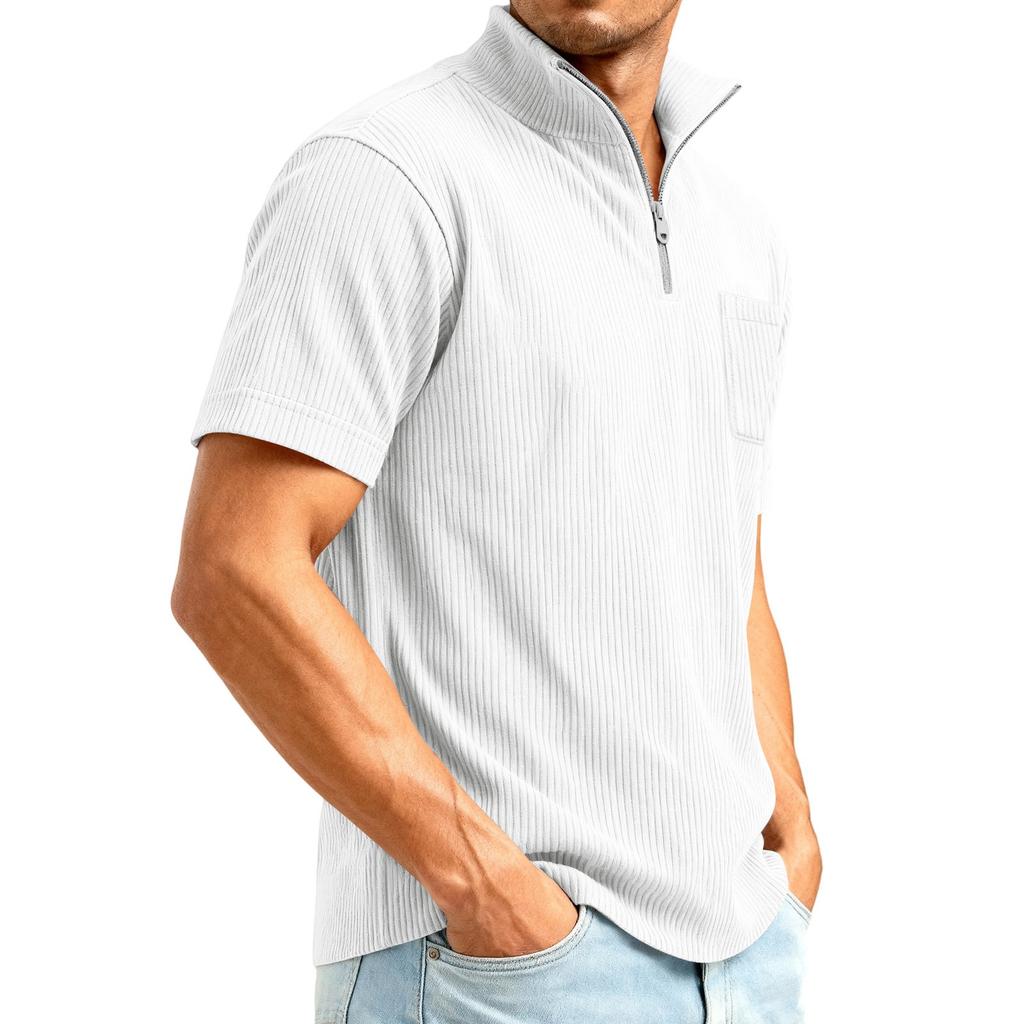 Men's 1/4 Zip Corduroy Short Sleeve Top | Loose Fit Fashion Casual Pullover For Daily Wear
