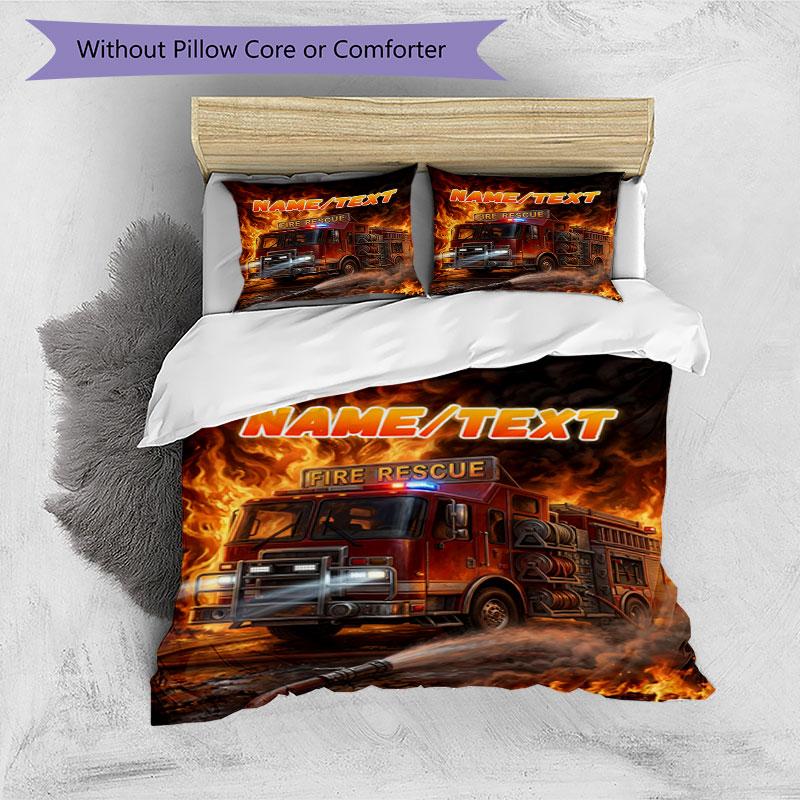 3PC Custom Name Fire Truck Heroic Scene Bedding Set Duvet Cover Closure Includes 1 Duvet Cover & 2 Pillowcases for Bedroom