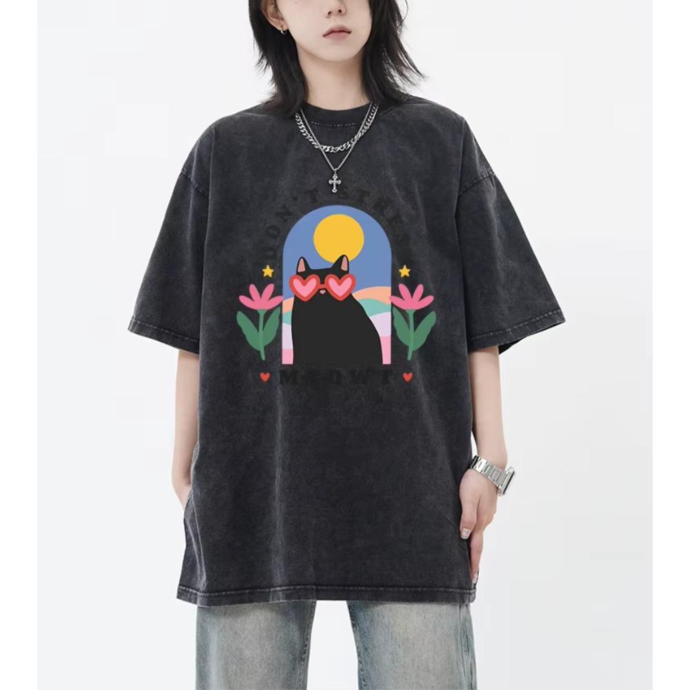 Don t Stress Meowt Cartoon Printing Retro Tee Shirt Female Trendy Cotton T-Shirts Unisex Washed Short Daily Wear Cool Top L