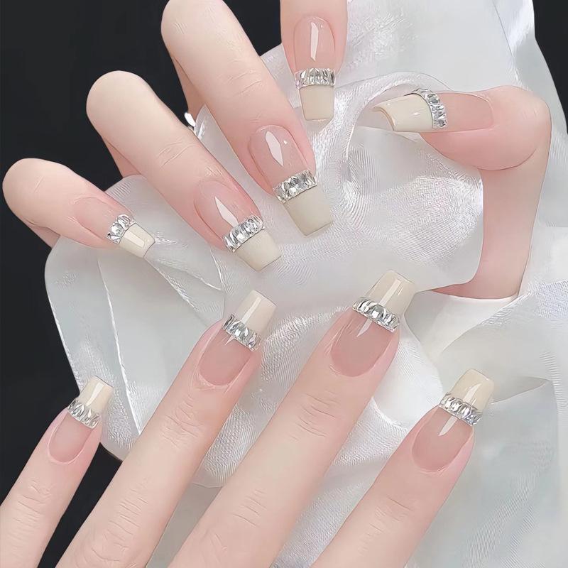 

High-End Glitter French Cat Eye Nail Art Tips - Removable, Handmade Fake Nails with Queen Vibe Glue Type