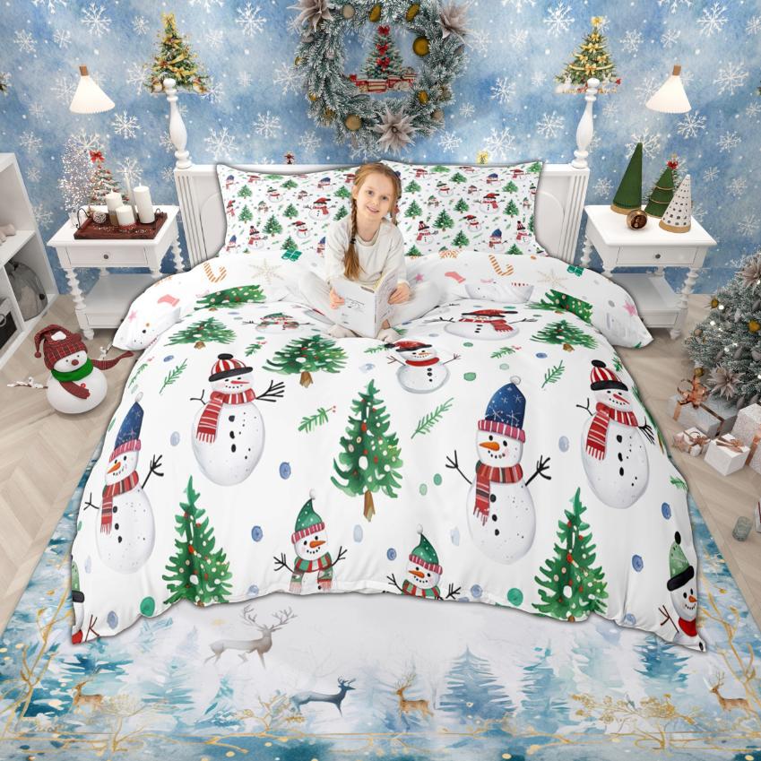 Homewish Cartoon Snowman Duvet Cover Set for Kids Children, Merry Christmas Xmas Bedding Set, Gingerbread Nutcracker Quilt Cover