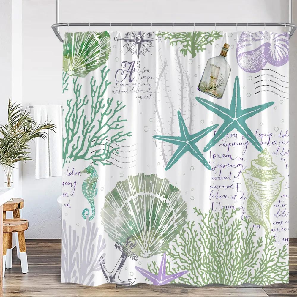Nautical Cartoon Shower Curtain Tropical Fish Starfish Shell Seaweed Coral Underwater Bathroom Decoration Polyester Bath Curtain
