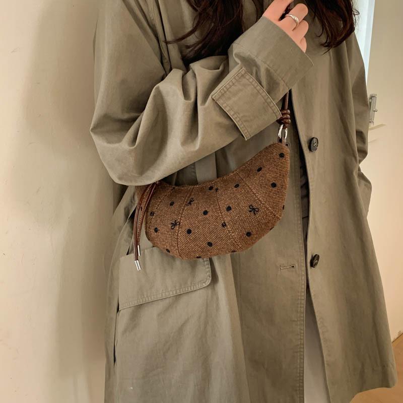 

New Korean Style Hobo Bag with Polka Dot Canvas Casual Shoulder Crossbody Bag Trendy Texture Simple and Versatile Storage Bags коричневый