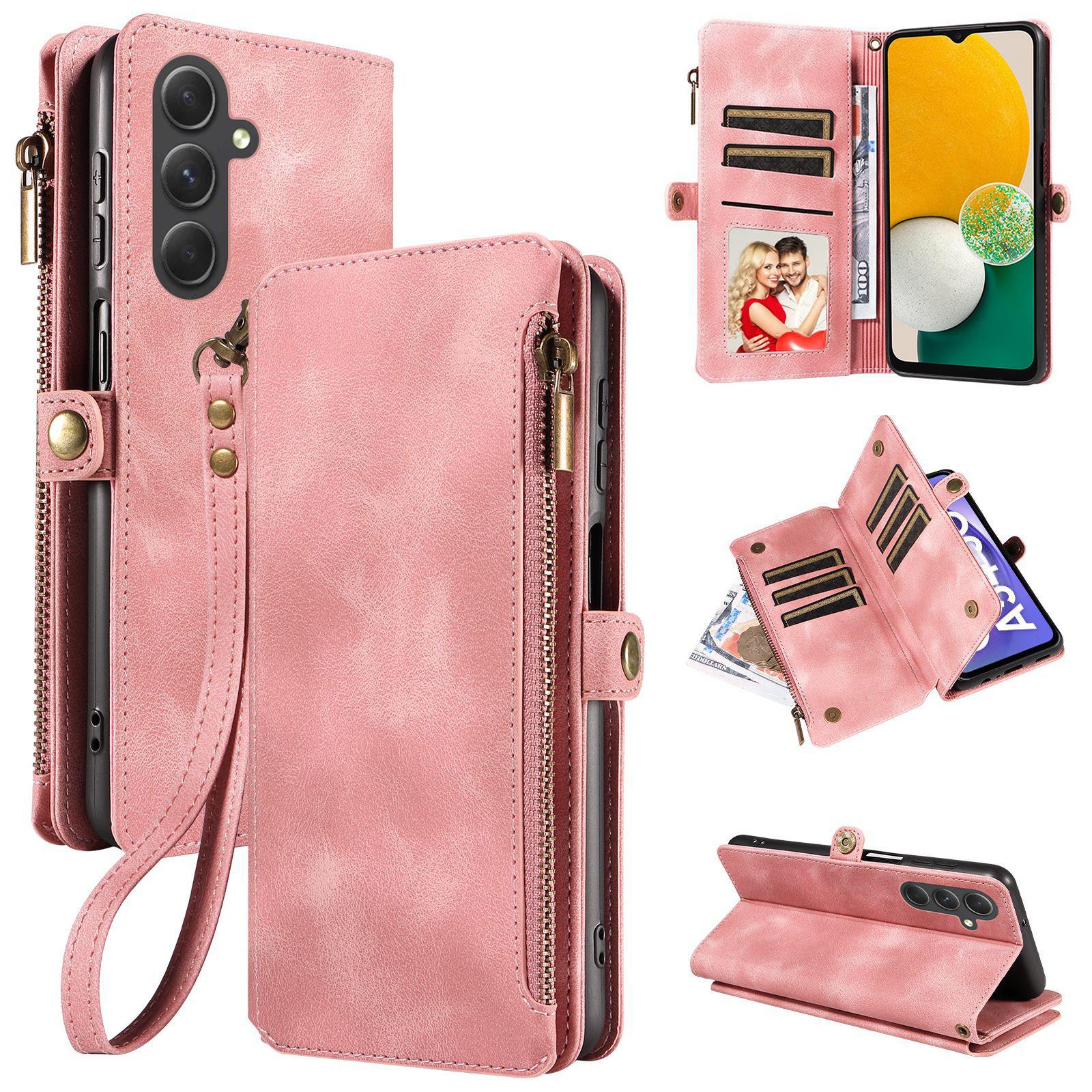 

Для Samsung Galaxy A13 5G/A04s 4G (164,7 х 76,7 х 9,1 мм) Кожаный чехол-кошелек с карманом на молнии, подставкой и ремешком для телефона Pink