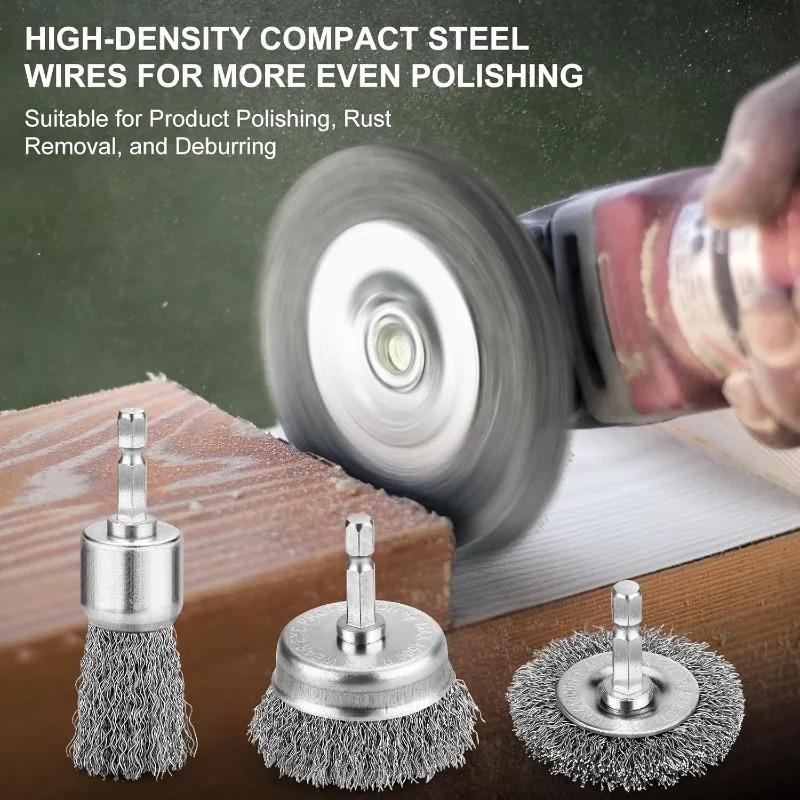 3 Styles Steel Wire Brush Disc Polishing Wheel Hex Shank Brushes Rotary Metal Polishing Cleaning Rust Corrosion Accessories