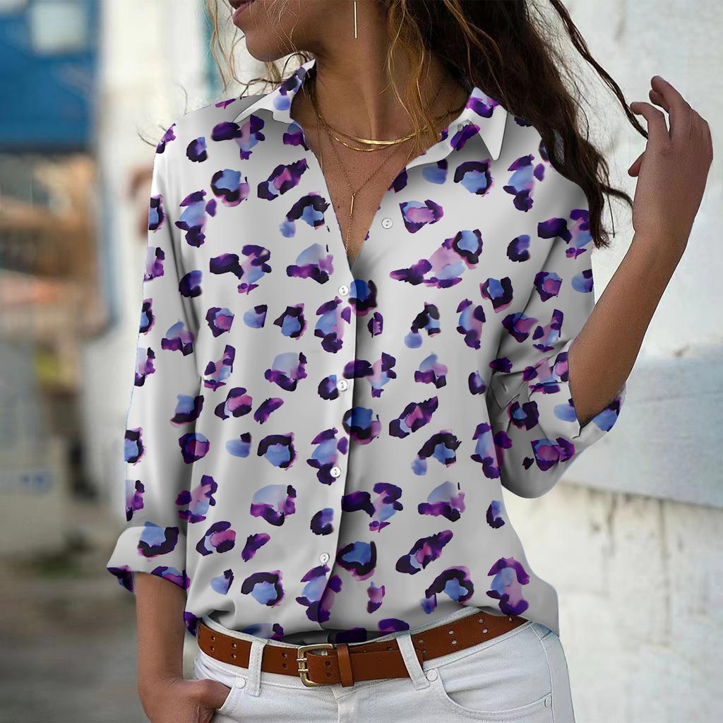 Stone Print Women Blouse Spring Autumn Femme Office Lady Button Up Turn Down Collar Shirts