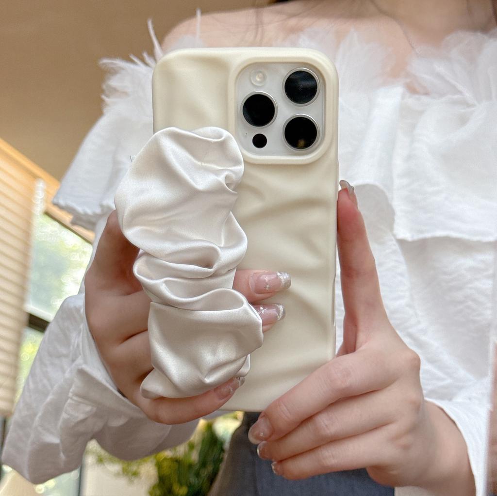 Minimalist Irregular Wrinkle Phone Case with Silk Scarf Wristband for iPhone 11-17 Series, TPU Shockproof Cover with Skin-Friendly Matte Finish