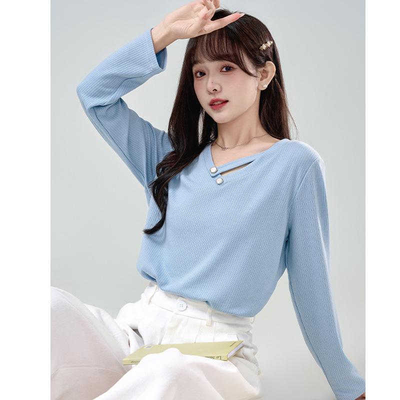 

New Threaded Bottoming Shirt Ladies s Long-sleeved T-shirt Autumn and Winter Sweet Slim-fitting Top Breathable Fabric Practical Daily Use M синий