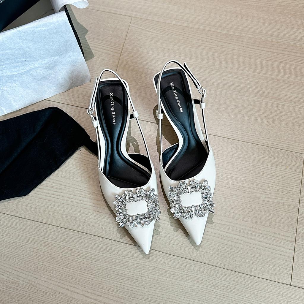 623-3 Rhinestone thin heel sandals women's new pointed rhinestone flower back empty fairy style high heels women's shoes